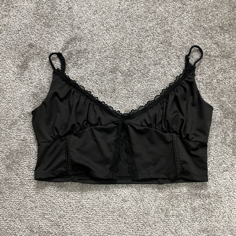 Occasion Crop Top Women XL Solid Black Mini Lace Bustier Spaghetti Strap Stretch